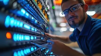 Technician managing network cables in a data center, illuminated by glowing equipment lights