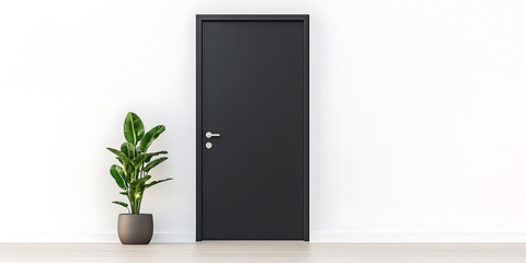 Clean interior scene: features a dark door against a white wall, complemented by a potted plant for a minimalist, modern aesthetic.