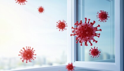 Floating red virus particles near an open window, symbolizing airborne infections, disease transmission, and indoor air quality concerns