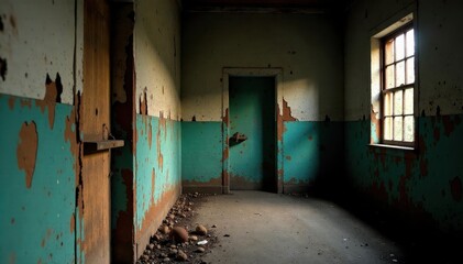 Rust-eaten bars, chipped paint, shadows Old jail cell, forgotten history , escape, grunge, bars