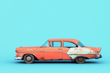 A classic rusty old car is depicted against a bright blue background