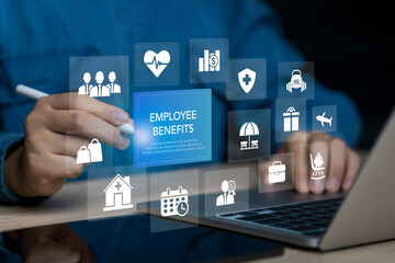 Employee benefits concept and access to welfare health, .Fringe benefits for employee engagement. Insurance, paid vacation, office perks. Businessman using laptop to electronic on screen.