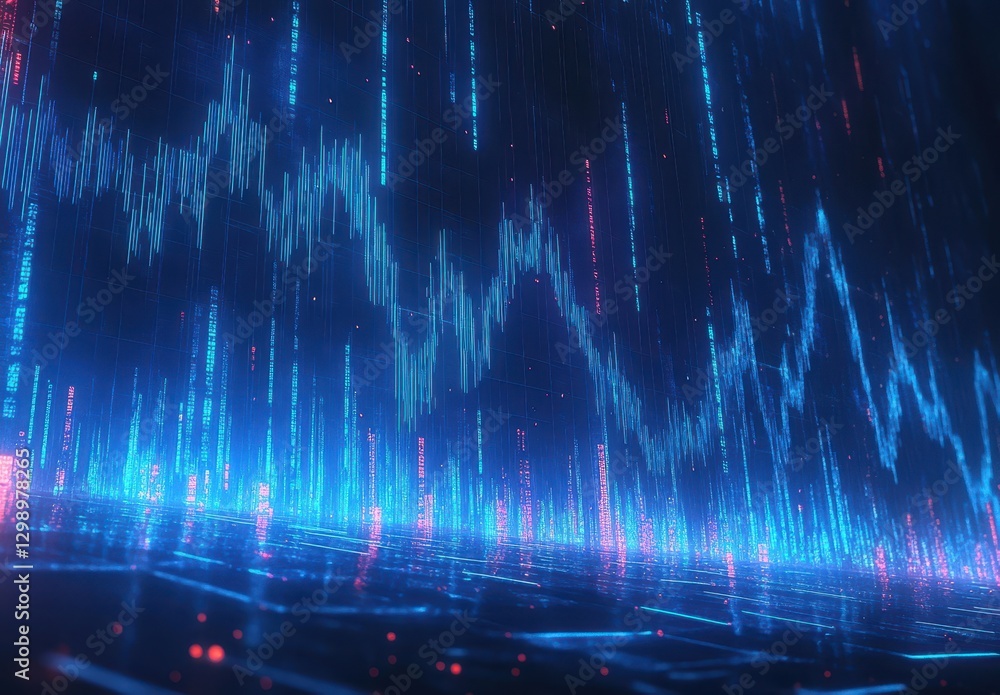 Poster futuristic financial data visualization with abstract data streams, colorful lines and patterns repr