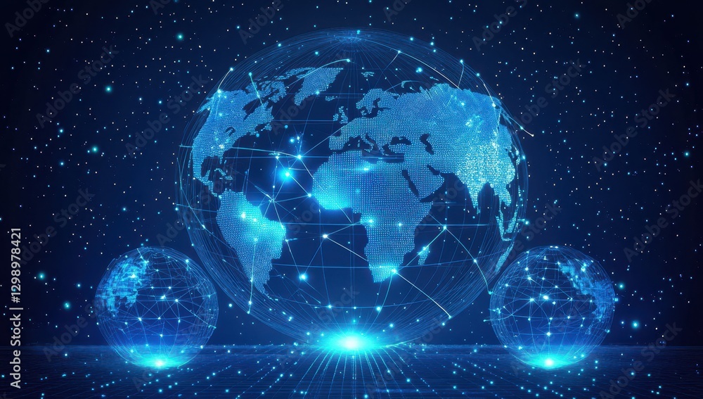 Poster futuristic global network concept with digital earth maps and stars in the background representing c