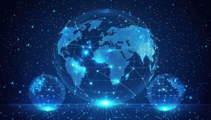 Naklejka premium Futuristic Global Network Concept with Digital Earth Maps and Stars in the Background Representing Connectivity and Information Flow