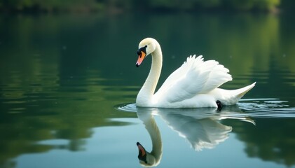 Obraz premium Serene swan mirrored perfectly in still lake water, soft horizon , dawn, swan