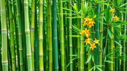 Obraz premium bamboo stalks with green tips, lush green leaves and yellow flowers, greenery, bamboo