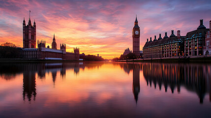 Fototapeta premium Panoramic View Of Westminster Palace And Big Ben With River Thames And Dramatic Sunset Sky