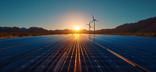 Sunset over solar panels and wind turbines