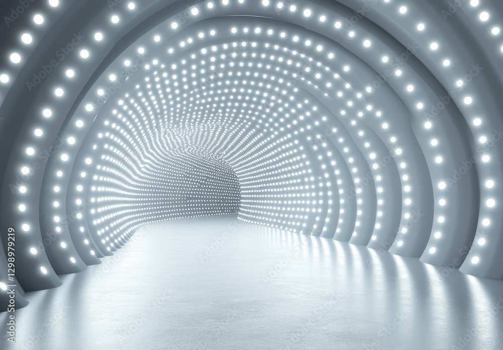 Poster futuristic illuminated tunnel with smooth curves reflecting light in a contemporary style, creating 