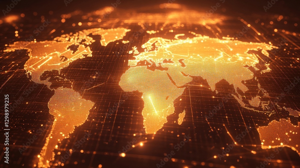Poster global digital map data world analysis internet network connection glows bright orange background wa