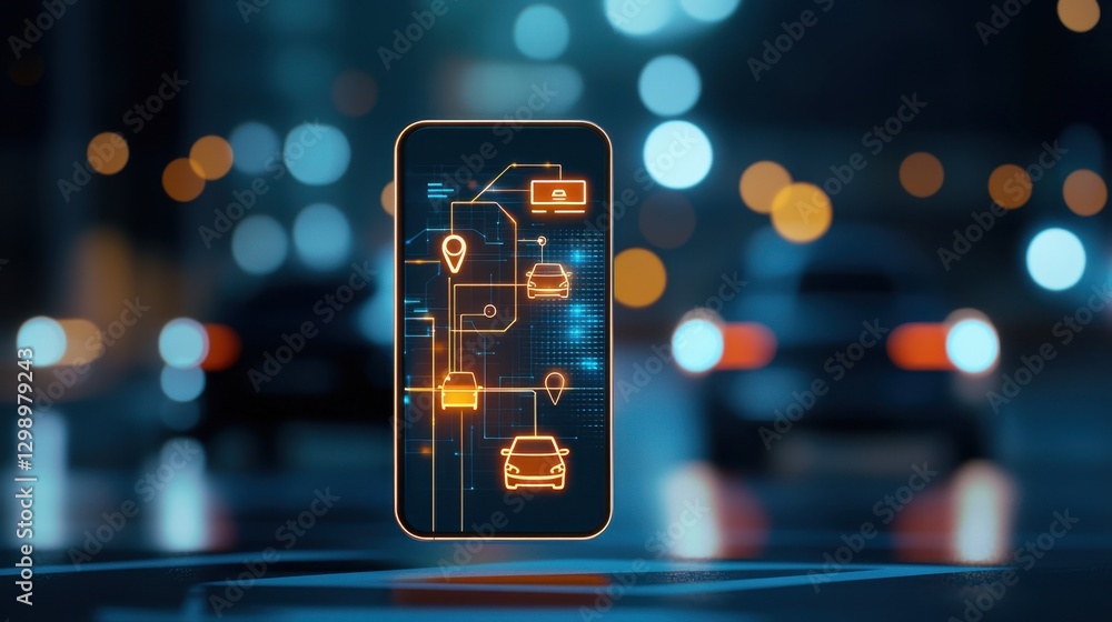 Aufkleber futuristic smartphone displaying transportation network and location data against blurred city night