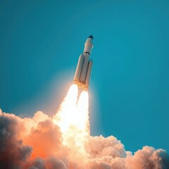 Blazing blue-white flame engulfs spaceship's engines as it pierces the atmosphere, launch, spaceship, rocket