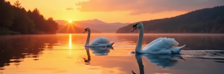 Fototapeta premium Two graceful swans glide across a calm lake at sunset , bird photography, nature photography, feather