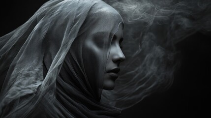 Mysterious woman veiled in smoky studio