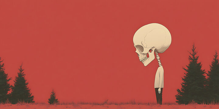 A surreal illustration of a figure with a skull for a head stands somberly in a field against a red backdrop, framed by dark evergreen trees.