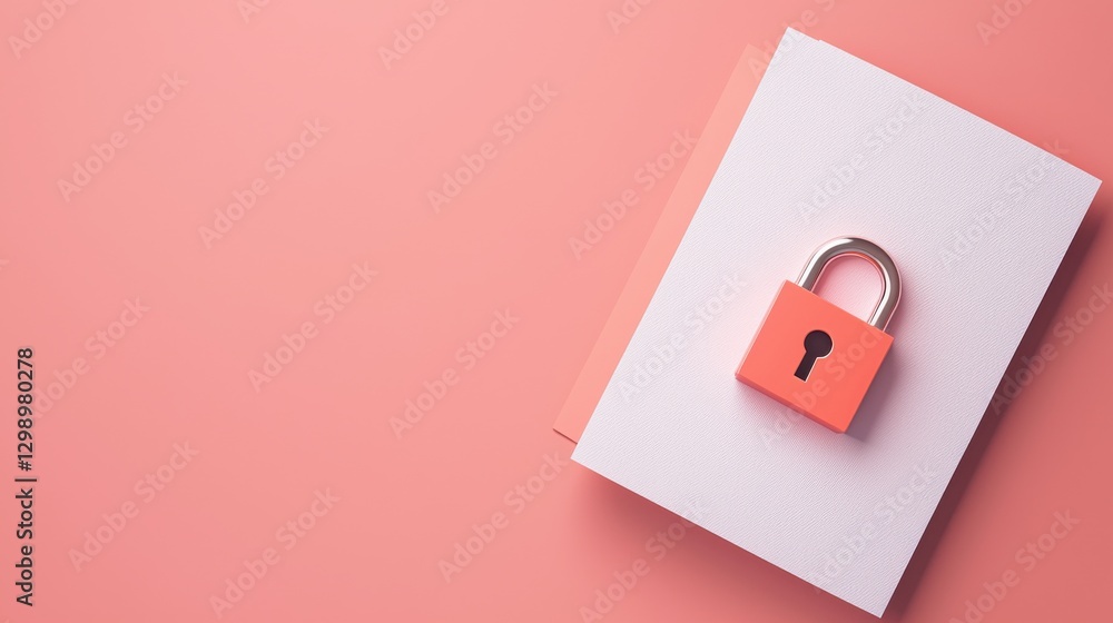Poster bright pink background with lock on notepad for security concept
