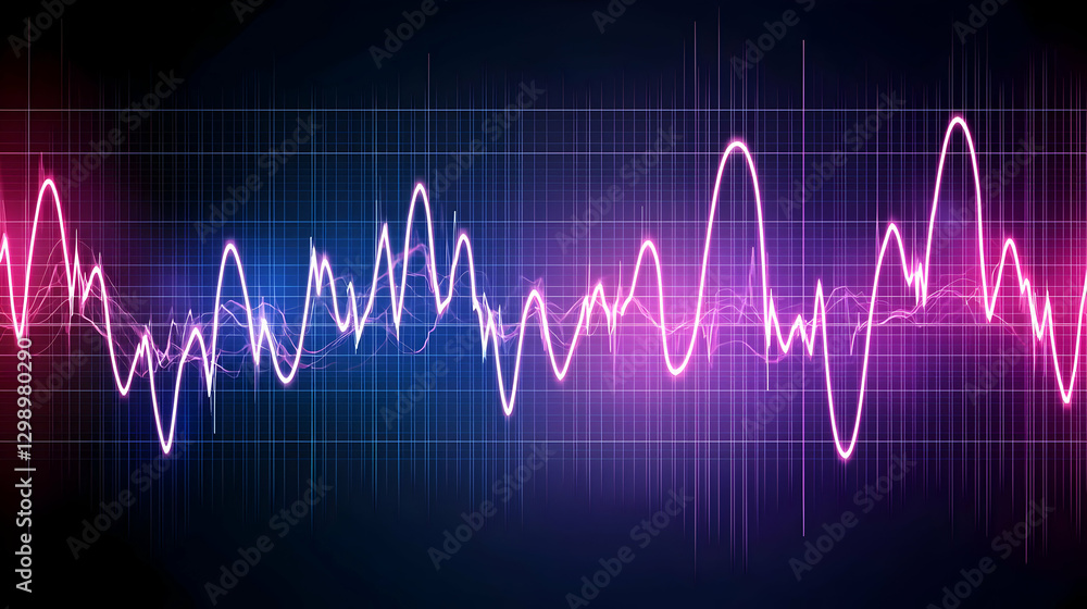 Poster abstract digital sound wave visualizing audio frequency with blue and pink lines