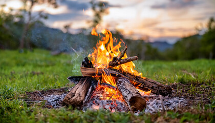 Fototapeta premium Campfire glowing in grassy area. Outdoor and camping concept. Warm and inviting atmosphere