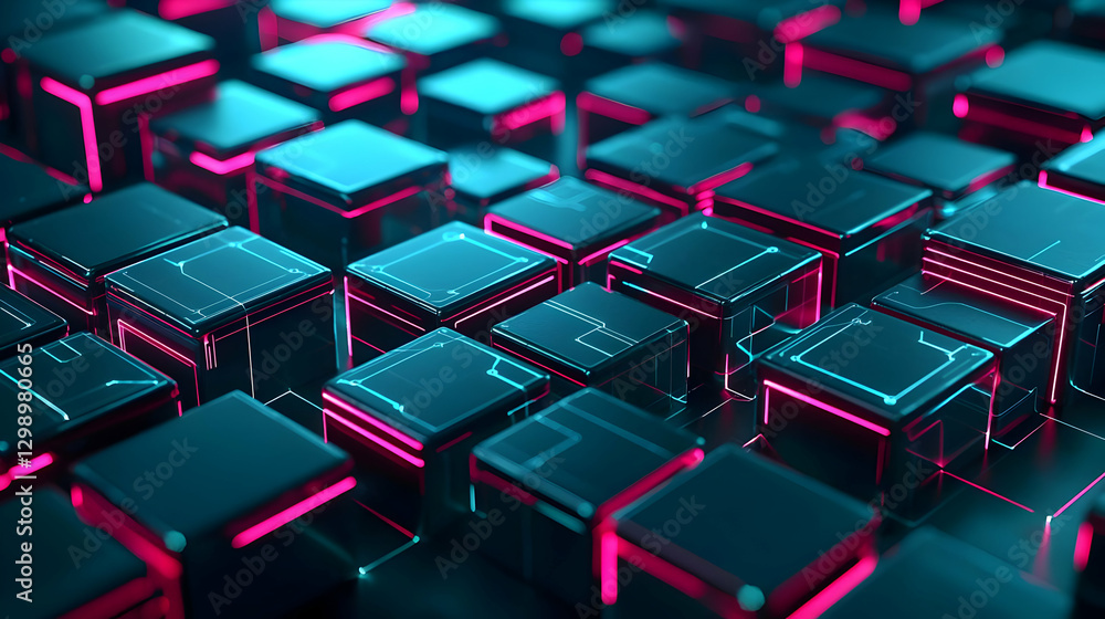 Poster abstract digital cubes array illuminated with neon blue and pink lights on black background