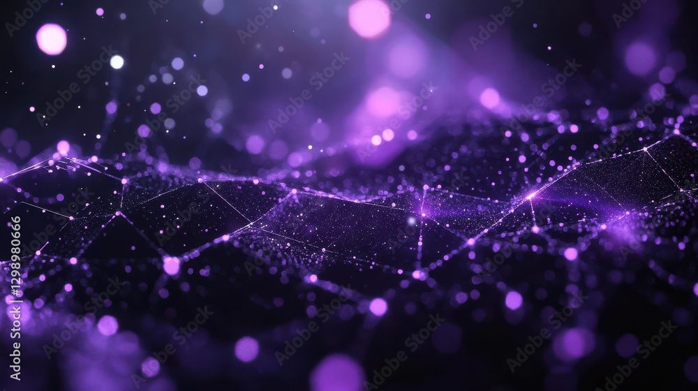Poster black background with purple hexagons and glowing particles, creating an abstract, tech-inspired des