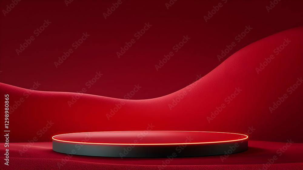 Poster red illuminated platform on textured surface with dark gray base in abstract scene