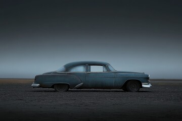 Fototapeta premium An aged classic automobile appears stationary on the desolate landscape