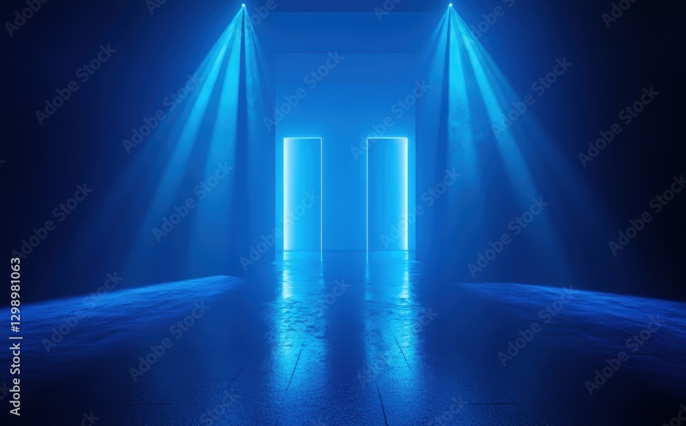 Poster futuristic scene with two open doors emitting blue light in a dark environment creating a mysterious