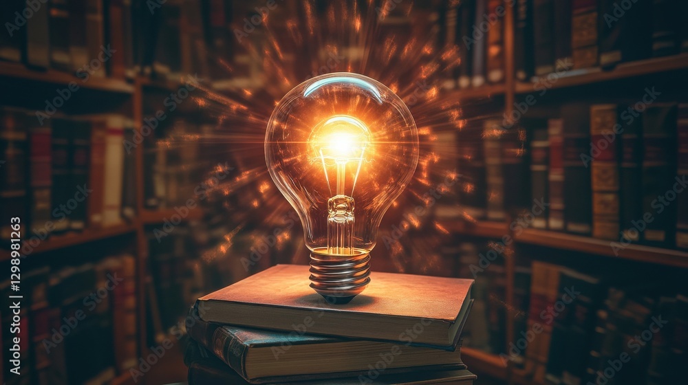 Poster concept image of ideas and knowledge featuring a glowing light bulb surrounded by a circle of books,
