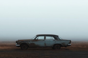 Obraz premium A weathered old sedan sits forlorn in the morning mist and field