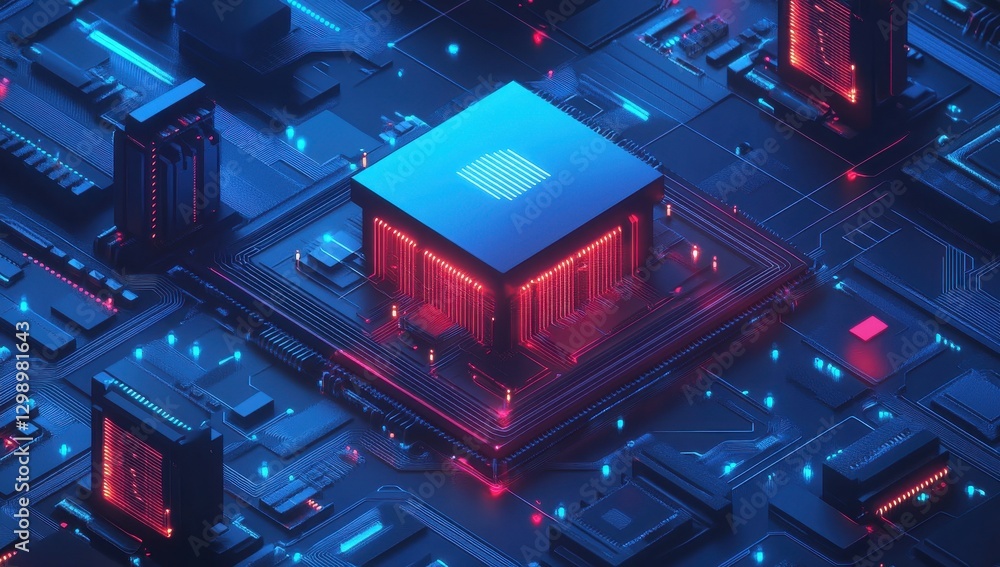 Aufkleber futuristic technology background with microprocessor and circuit board in neon red and blue light hi