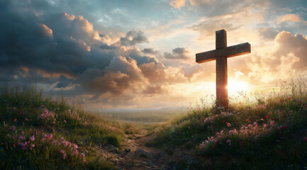 a beautiful illustration of an old wooden cross atop a hill,