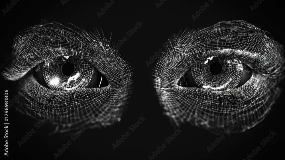 Poster a pair of realistic eyes are rendered as a wireframe mesh on a black background.