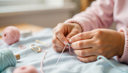 Obraz premium Hands knitting with soft pastel yarn on cozy workspace