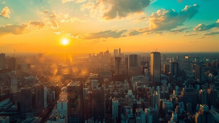 Obraz premium The sun setting over a bustling city, casting a warm glow with