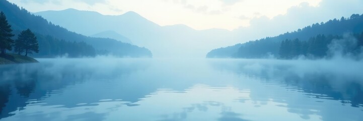Fototapeta premium Soft blue mist swirls above serene lake surface, mist, peaceful, natural