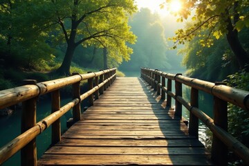 Fototapeta premium Rustic wooden bridge spans tranquil water, sunlit , forest, sunlight, sky