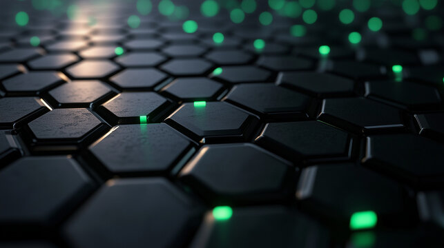 dark hexagon pattern with green lights between lines