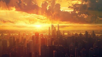 Fototapeta premium The sun setting over a bustling city, casting a warm glow with