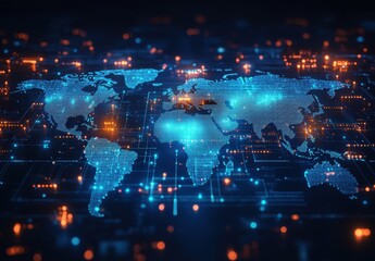Fototapeta premium Futuristic World Map with Data Connections and Glowing Effects in Blue and Orange Colors, Representing Global Technology and Connectivity