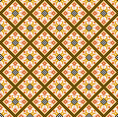 Seamless Traditional Ethnic Geometric Pattern with Pixel Art Style &ndash; Thai and Southeast Asian Textile Inspired Design