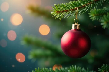 Obraz premium Single red Christmas bauble hanging from a branch, suspended, greenery, evergreen