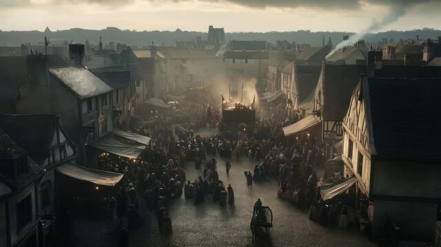 Medieval Town Square Gathering: A Cinematic Aerial View