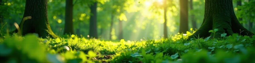 Obraz premium Sunlight dapples forest floor, vibrant green spring foliage , fresh, light, new
