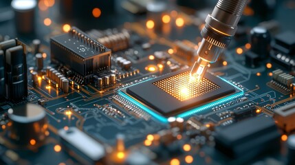 Fototapeta na wymiar Innovative technology action circuit board repair laboratory environment macro content high-tech viewpoint cutting-edge concept for electronics industry