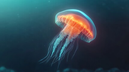 Ethereal Jellyfish Glowing in Deep Blue Sea with Bioluminescent Tentacles and Tranquil Underwater Background