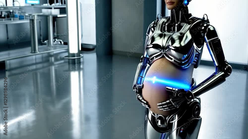 Poster a sleek robot stands in a futuristic lab, showcasing a synthetic pregnancy. advanced bioengineering 