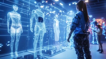A futuristic design lab where human fashion designers and AI collaborate on creating digital clothing for virtual avatars. The AI generates patterns while the designer oversees and finalizes the