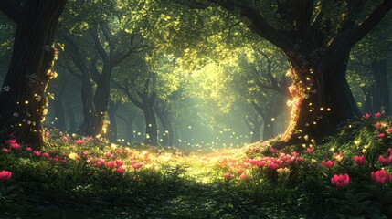 Obraz premium Magical Fantasy Forest with Glowing Flowers and Enchanted Atmosphere By Generated AI