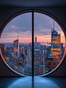 Fototapeta Metropolitan skyline vista seen through a distinctive circular window